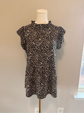 Black and Cream Animal Printed Ruffle-Neck Flutter Sleeve Blouse